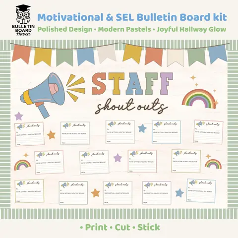 Shout out board groovy pastel retro graduation bulletin kit for teacher and nurse appreciation
