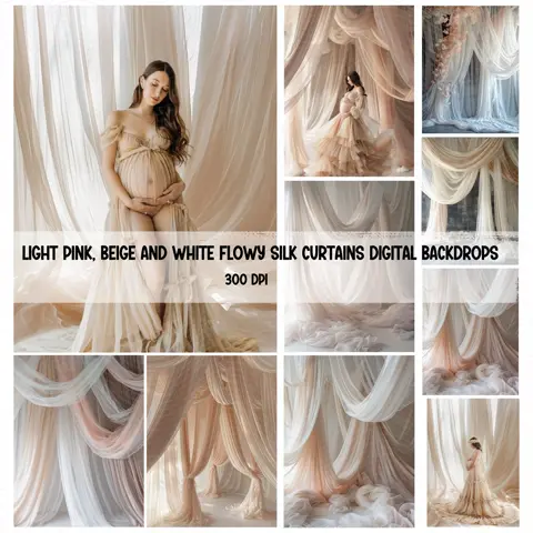 Silk Curtain Digital Backdrop Pink Beige Neutral Portrait Photography Background