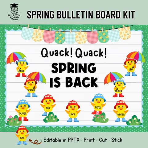 Spring Bulletin Board Kit with Editable Duck Name Tags for March Classroom