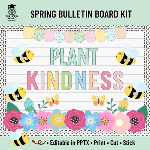Spring Classroom Bulletin Board Kit Plant Kindness Decor with Editable Bees