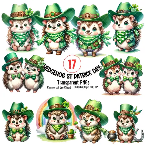 St. Patrick’s Day Hedgehog Clipart – Watercolor Animal Illustration, Digital Instant Download