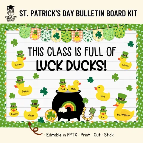 St Patricks Day Bulletin Board Kit Lucky Ducks Classroom Door Decor Editable Names