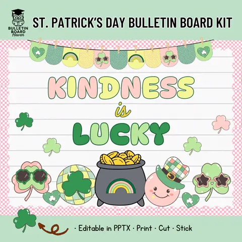 St Patricks Day Bulletin Board Kit Retro Classroom Decor Printable Kindness Door Display