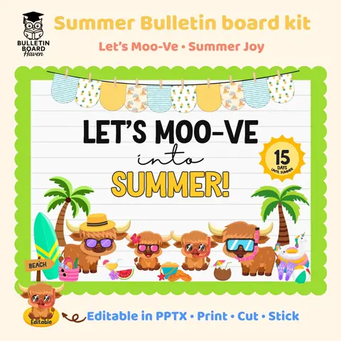 Summer Bulletin Board Kit Highland Cow End of Year Countdown Decor