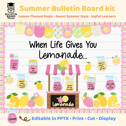 Summer Bulletin Board Kit with Lemon Classroom Decor and Editable Names