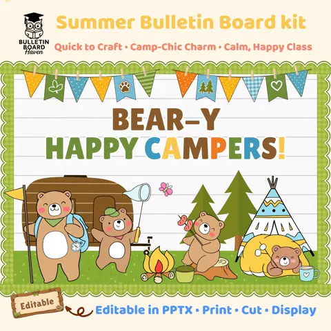 Summer bulletin kit with camping classroom decor and happy campers bear door display