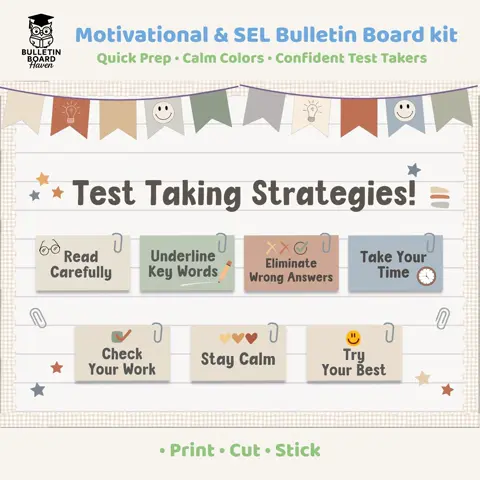 Test taking strategies bulletin board kit calm pastel nature decor for testing season