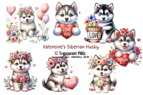 Valentine Siberian Husky Clipart Bundle: Puppy PNGs