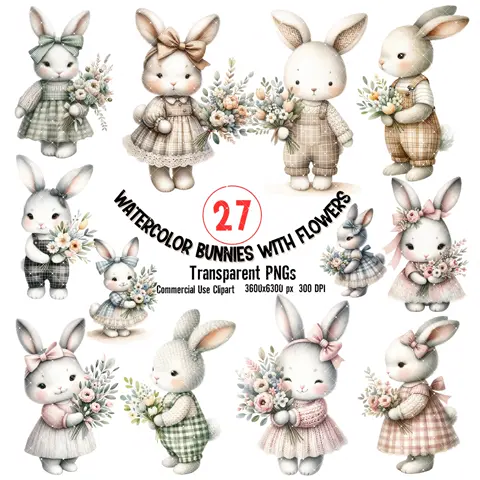 Watercolor Bunny Clipart: 27 PNG Floral Spring Designs