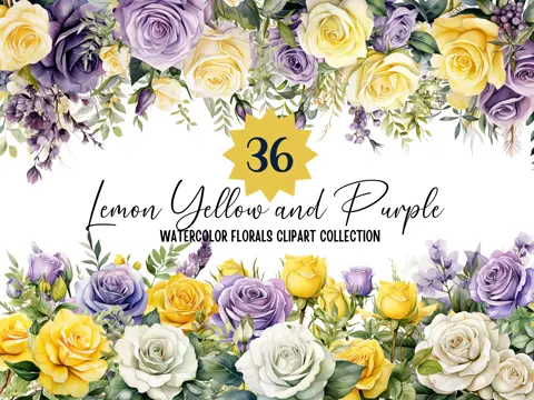 Watercolor Floral Clipart: Lemon Yellow & Purple Flowers (Digital Download)
