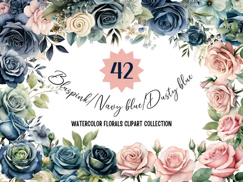 Watercolor Flower Clipart: Blush Pink & Navy Blue Floral Graphics (Digital Download)