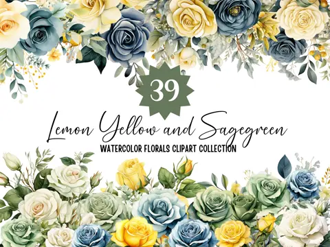 Watercolor Flower Clipart: Lemon Yellow Roses & Sage Green Florals (Digital Download)