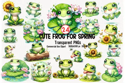 Watercolor Frog Clipart – Cottagecore Toad Graphics (24 PNGs)