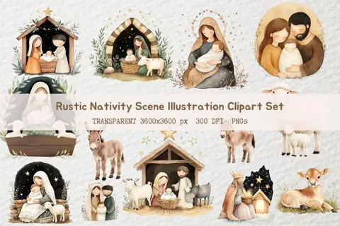 Watercolor Nativity Clipart: Rustic Christmas PNG Images