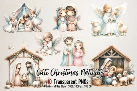 Watercolor Nativity Scene Clipart, Christmas PNGs
