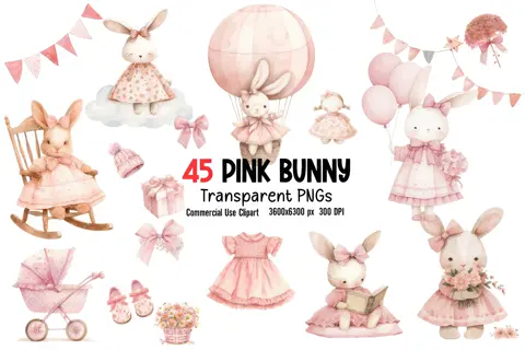 Watercolor Pink Bunny Clipart Bundle 45 Baby Girl Rabbit PNG Files