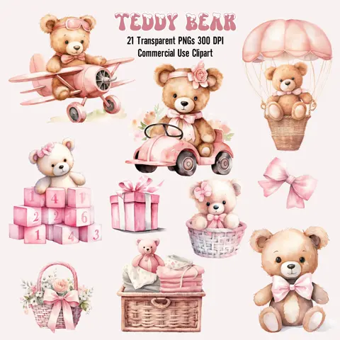 Watercolor Pink Teddy Bear Clipart Bundle (PNGs)