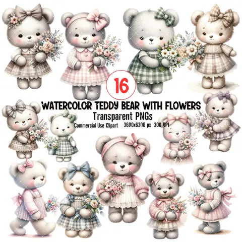 Watercolor Teddy Bear Clipart: Floral PNGs (Commercial Use)