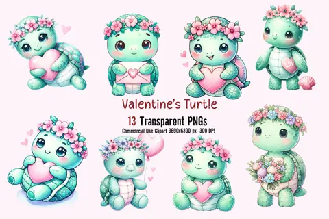 Watercolor Valentine Turtle Clipart: Heart Animal PNGs