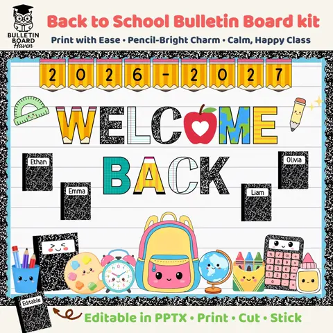 Welcome Back Display Kawaii School Supplies Bulletin Board Kit With Editable Names