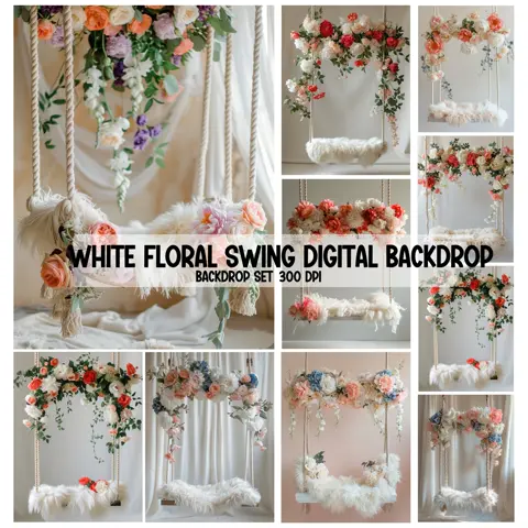 White Floral Swing Digital Backdrop for Maternity Portrait Photography Spring Garden PNG