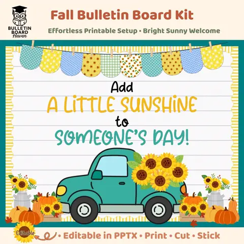 Fall Bulletin Board Kit Vintage Sunflower Truck Editable Classroom Decor