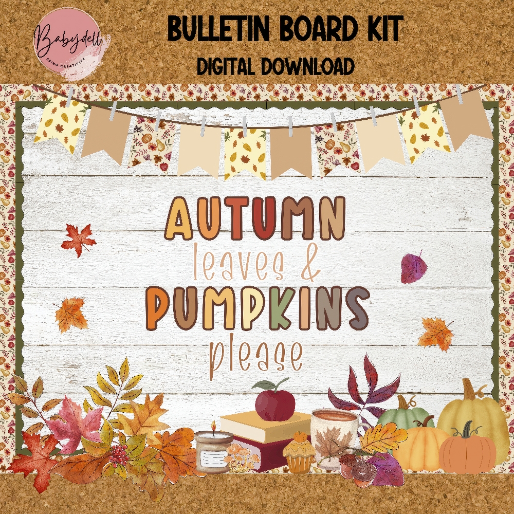 Autumn Leaves and Pumpkins Bulletin Board Kit – Fall Classroom Decor Digital Download