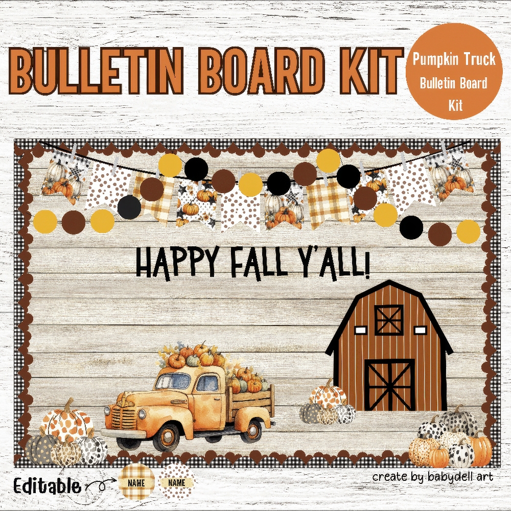 Editable Pumpkin Truck Fall Bulletin Board Kit for Classrooms