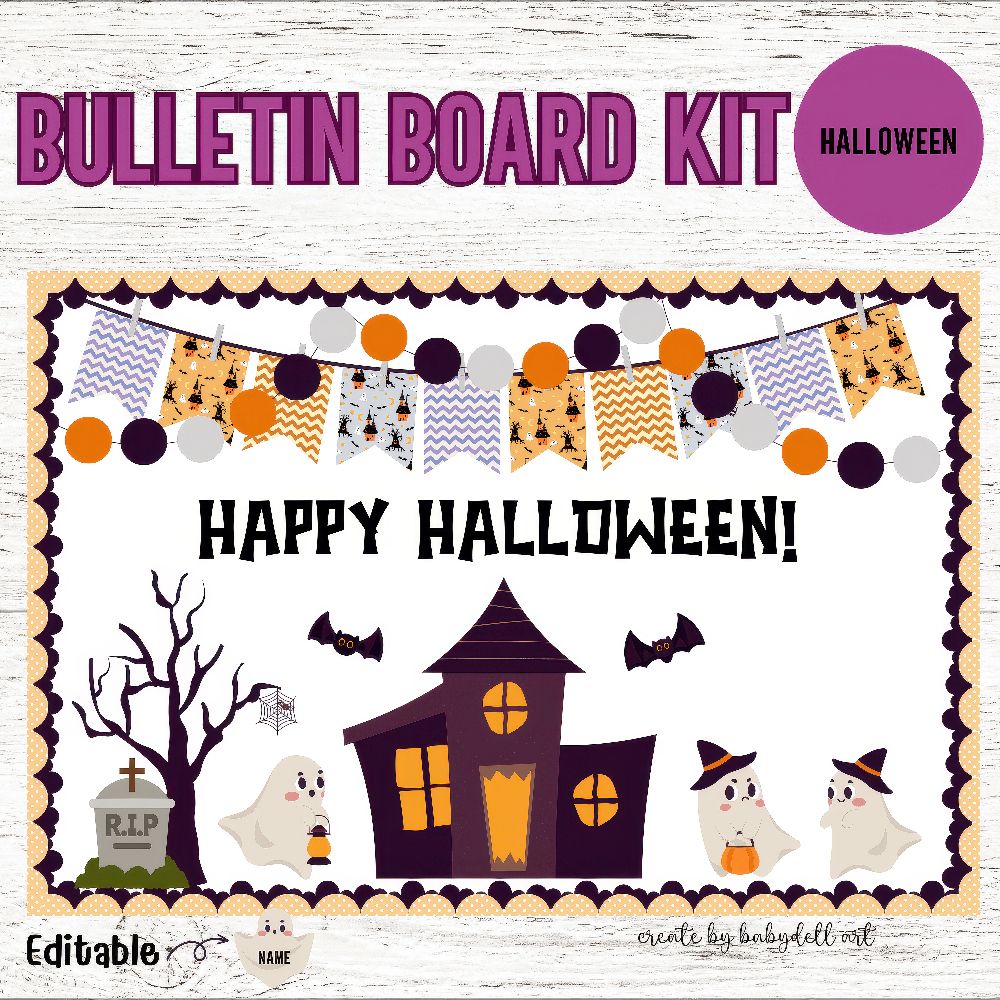 Spooky haunted house-themed bulletin board for Halloween