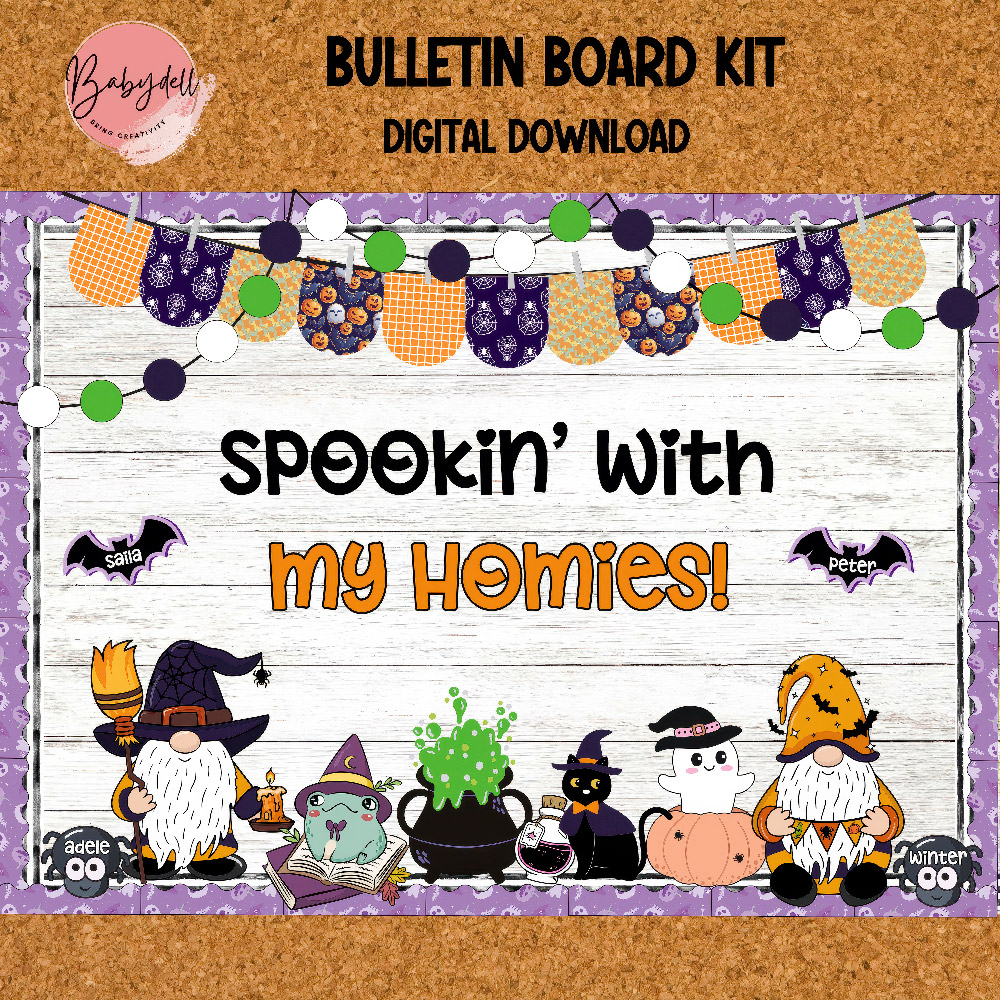 Halloween Gnome Bulletin Board Kit – Printable Witch Gnome Decor Digital Download
