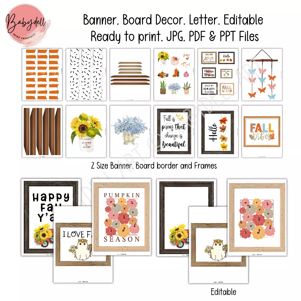 "Cozy Fall Bulletin Board Kit with colorful autumn leaves and editable quotes."