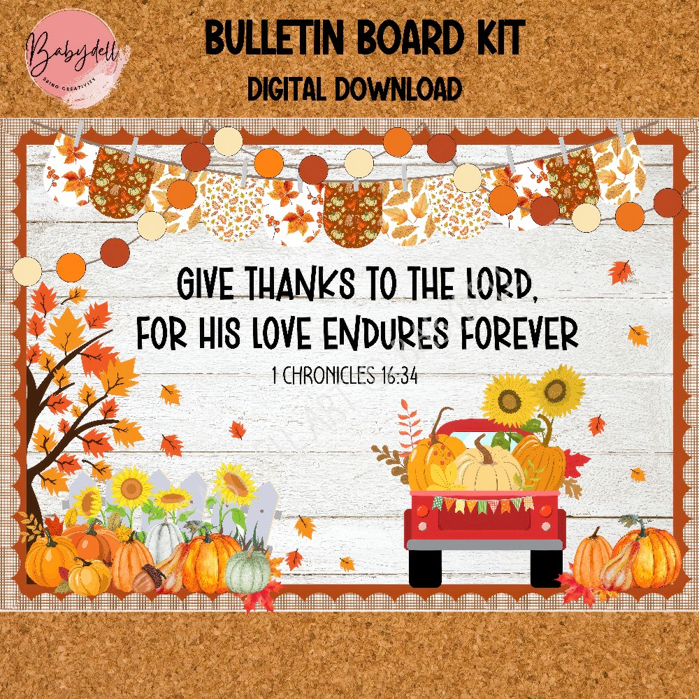 Thanksgiving bulletin board with Christian scripture verses and autumn leaves.