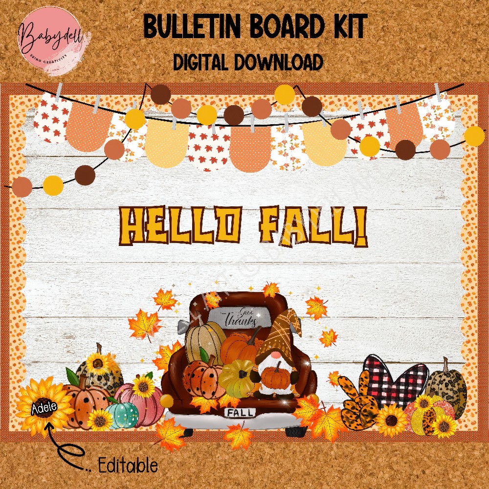 Fall Truck Gnome Bulletin Board Kit | Autumn School Door Decoration | Editable Download