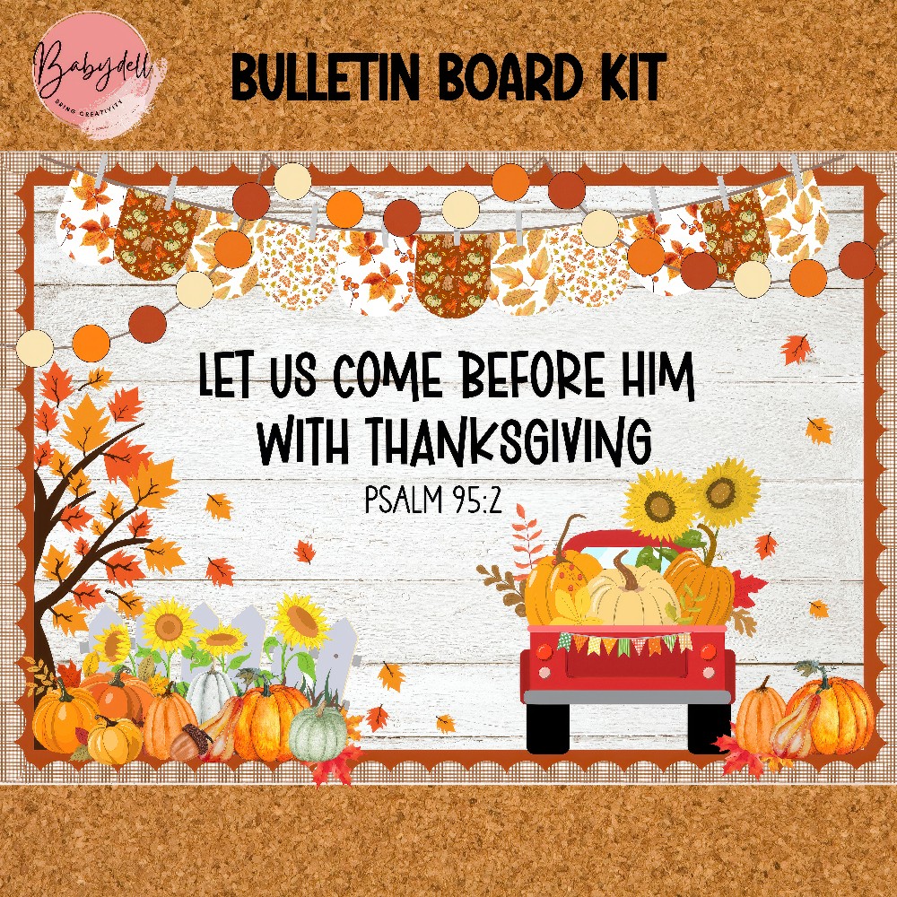 "Christian Thanksgiving bulletin board decoration with fall leaves and Bible verses."
