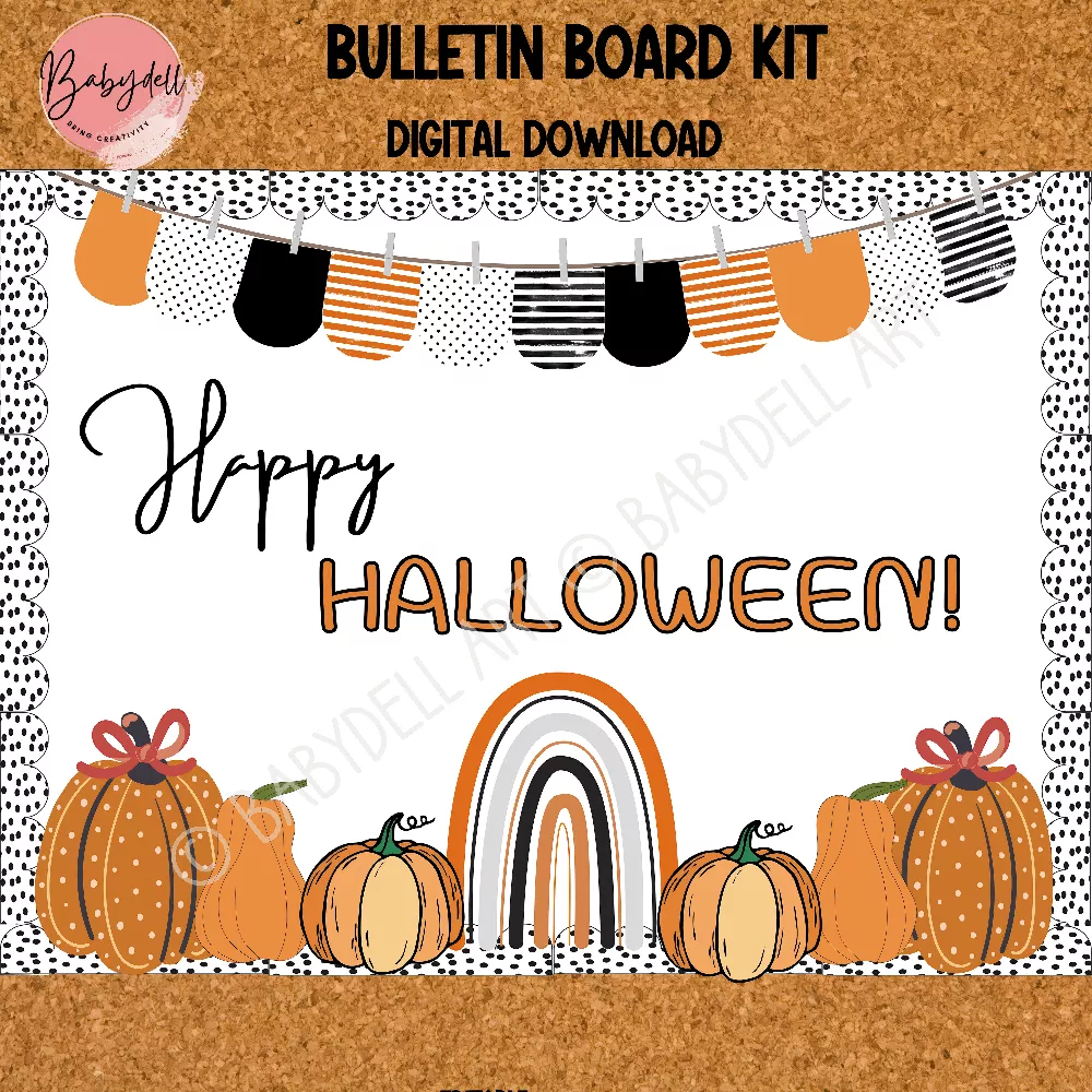Fall-themed classroom pumpkin decor, vibrant Halloween bulletin board kit