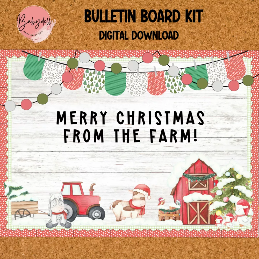 Colorful Christmas farm-themed bulletin board for classroom winter and January decorations.