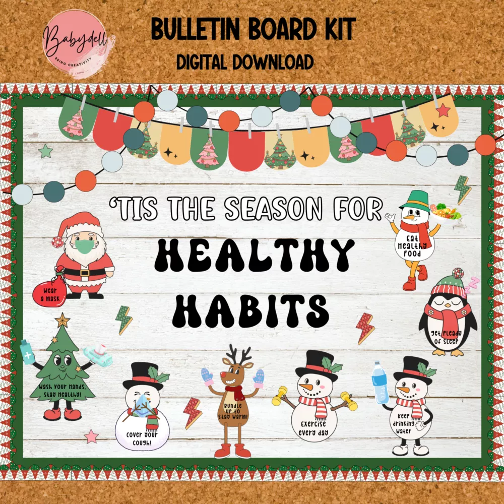 Colorful Christmas-themed bulletin board featuring healthy habits illustrations for nurses and classrooms.
