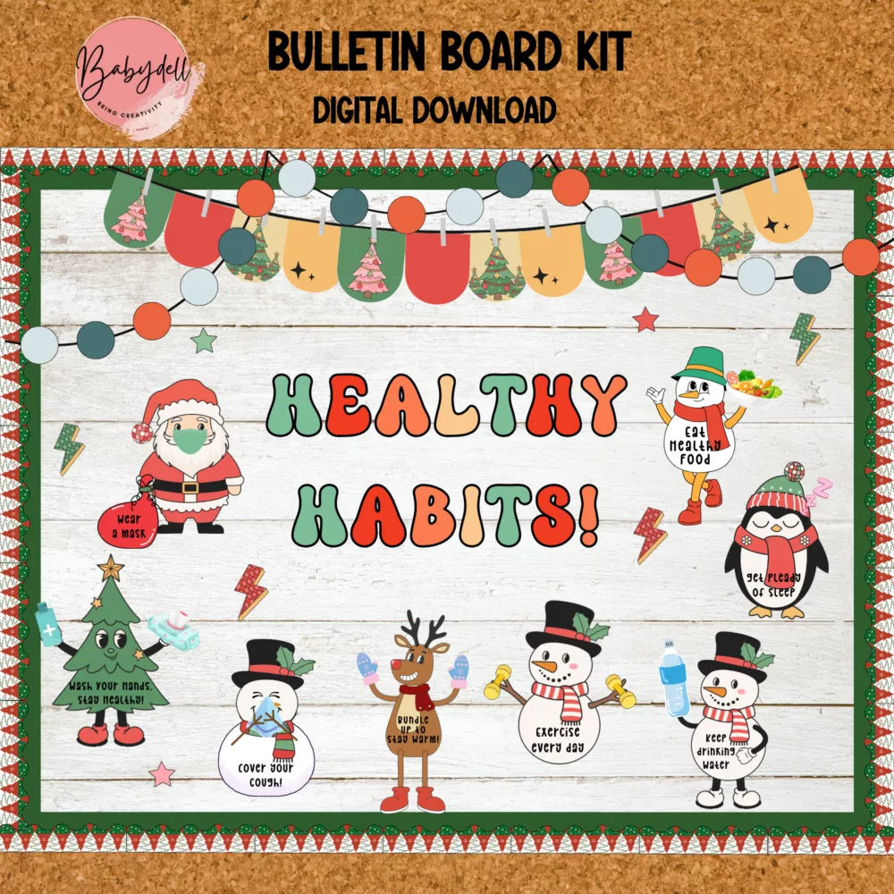 A colorful Christmas-themed bulletin board kit featuring healthy habit tips for nurses and classrooms.