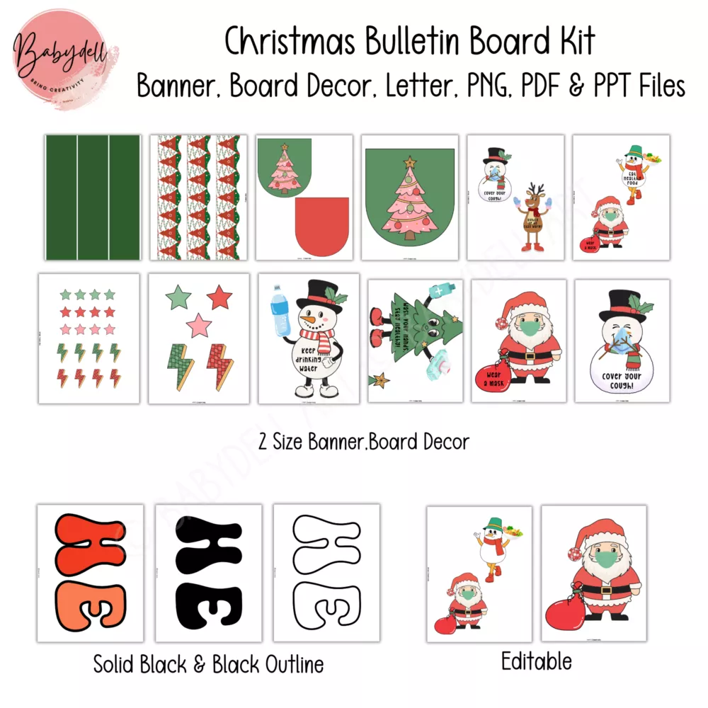 Christmas-themed bulletin board kit promoting healthy habits for nurses and classrooms.