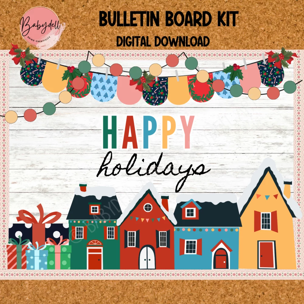Colorful Christmas city-themed bulletin board kit for classroom decoration.