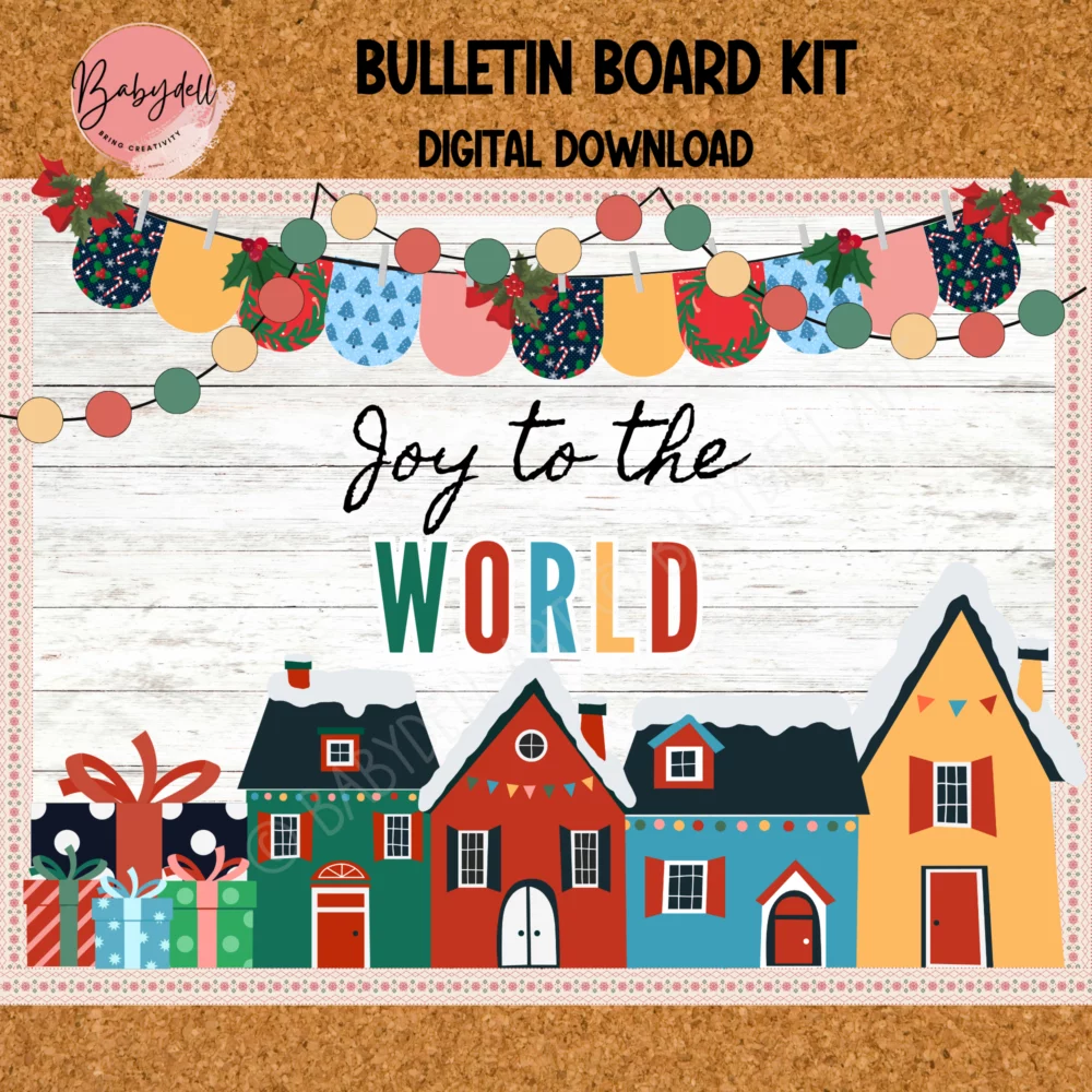 Colorful Christmas city bulletin board kit designed for winter classroom decor.