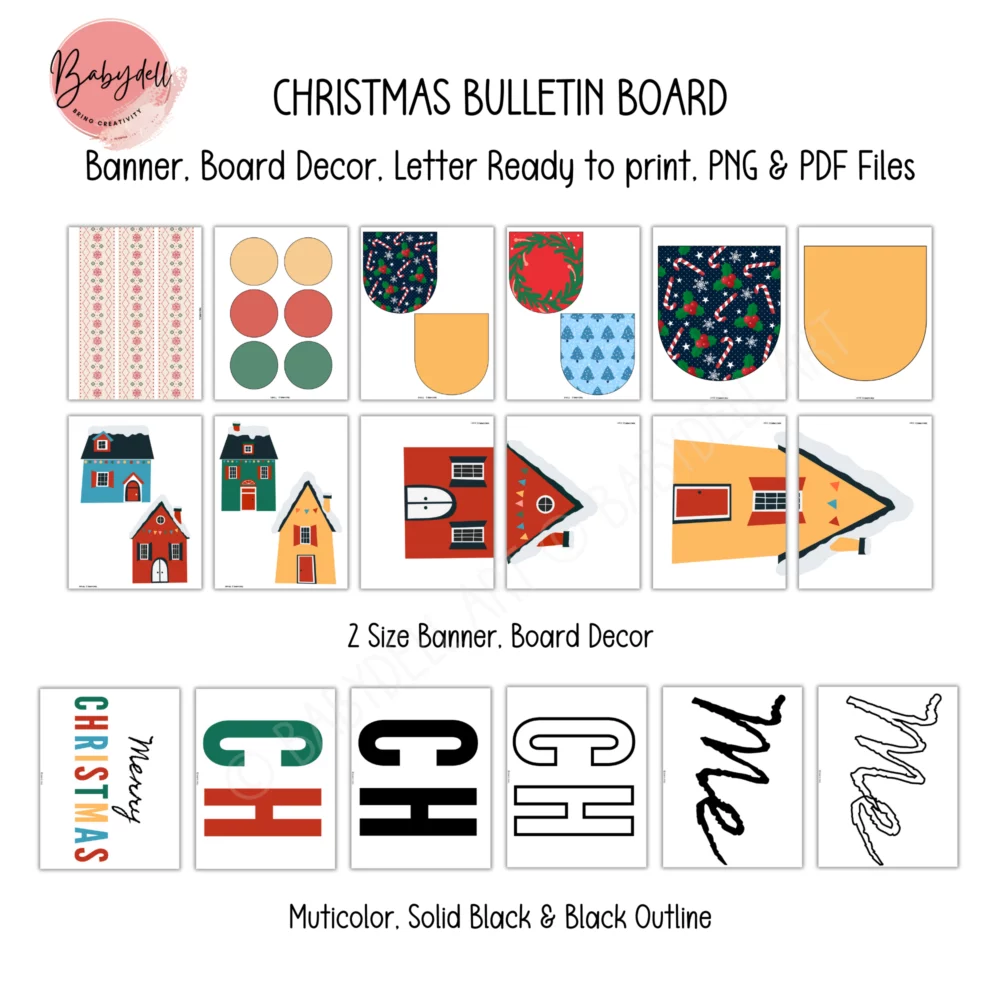 Colorful Christmas-themed bulletin board kit featuring winter decor elements