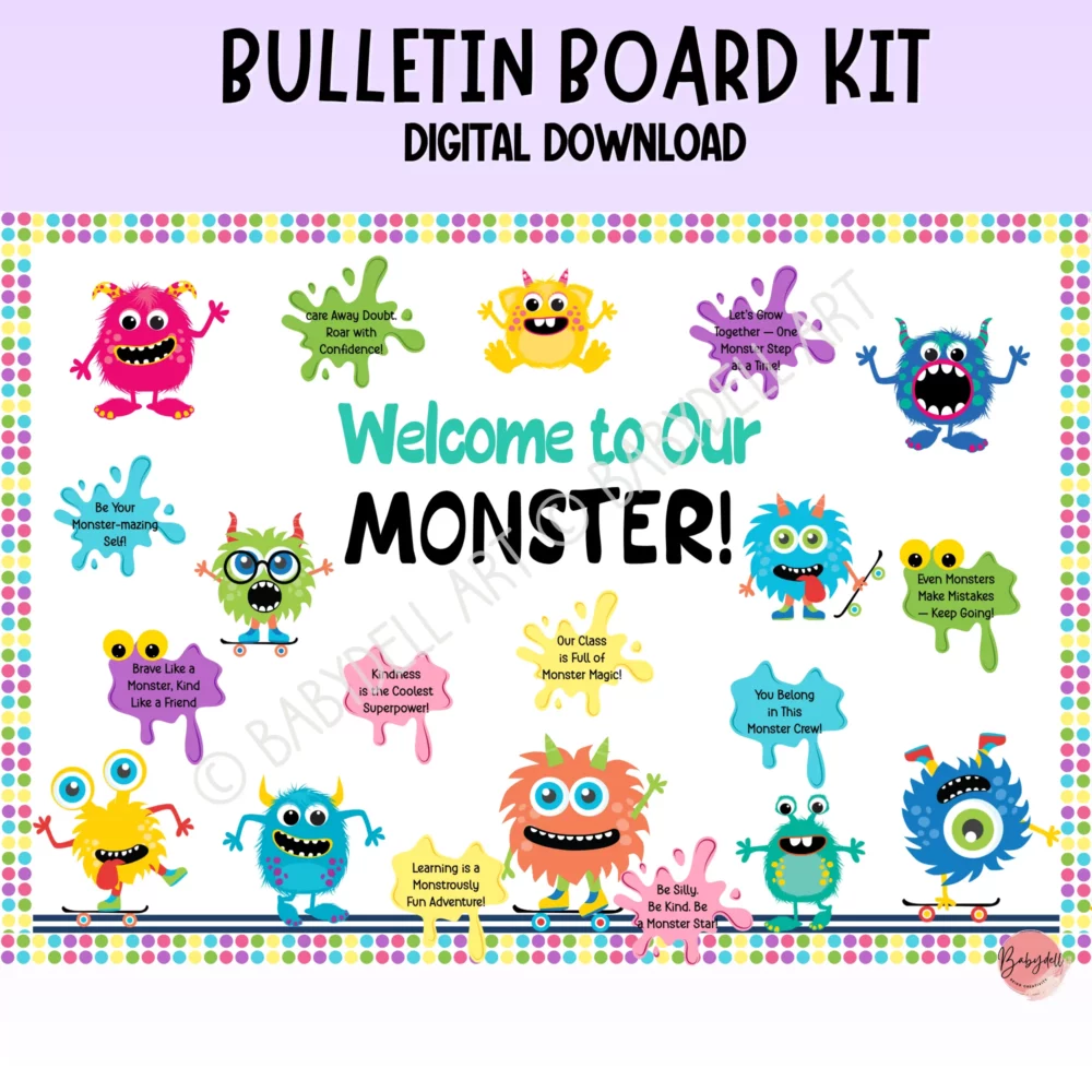 "Colorful monster-themed bulletin board kit promoting growth mindset" 3. Caption: "Unleash positivity and creativity with our adorable monsters!" 4. Description: Brighten up your classroom with the "Monsters of Positivity" Bulletin Board Kit! This editable decor is designed to inspire a growth mindset in students, featuring vibrant, cute monsters that encourage creativity and resilience. Perfect for enhancing any learning environment, this kit transforms walls into motivational spaces where every student can thrive!