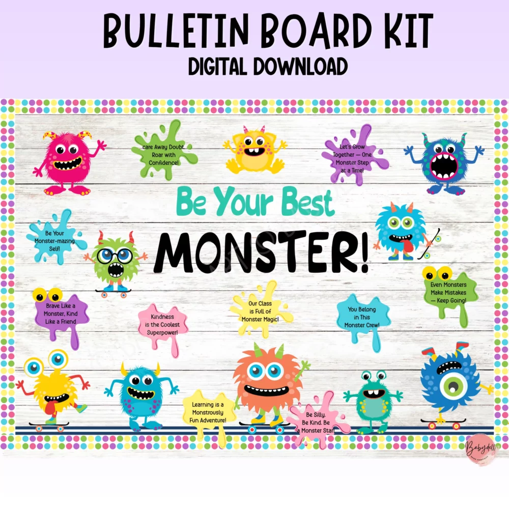 Colorful bulletin board kit featuring cute monster illustrations promoting a growth mindset.