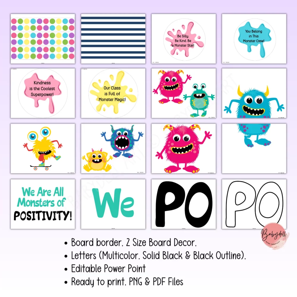 Colorful monster-themed bulletin board kit promoting growth mindset.