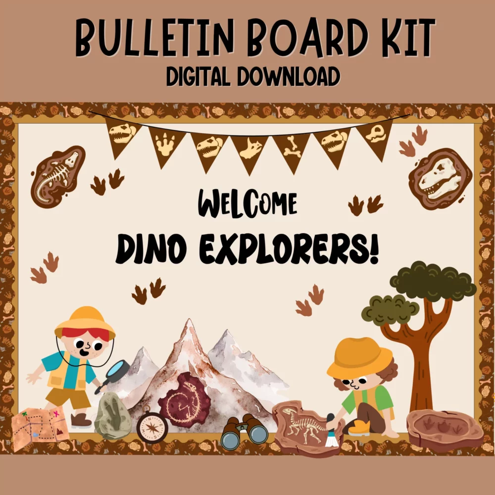 Editable bulletin board kit featuring colorful dinosaur illustrations and "Little Paleontologist" theme.