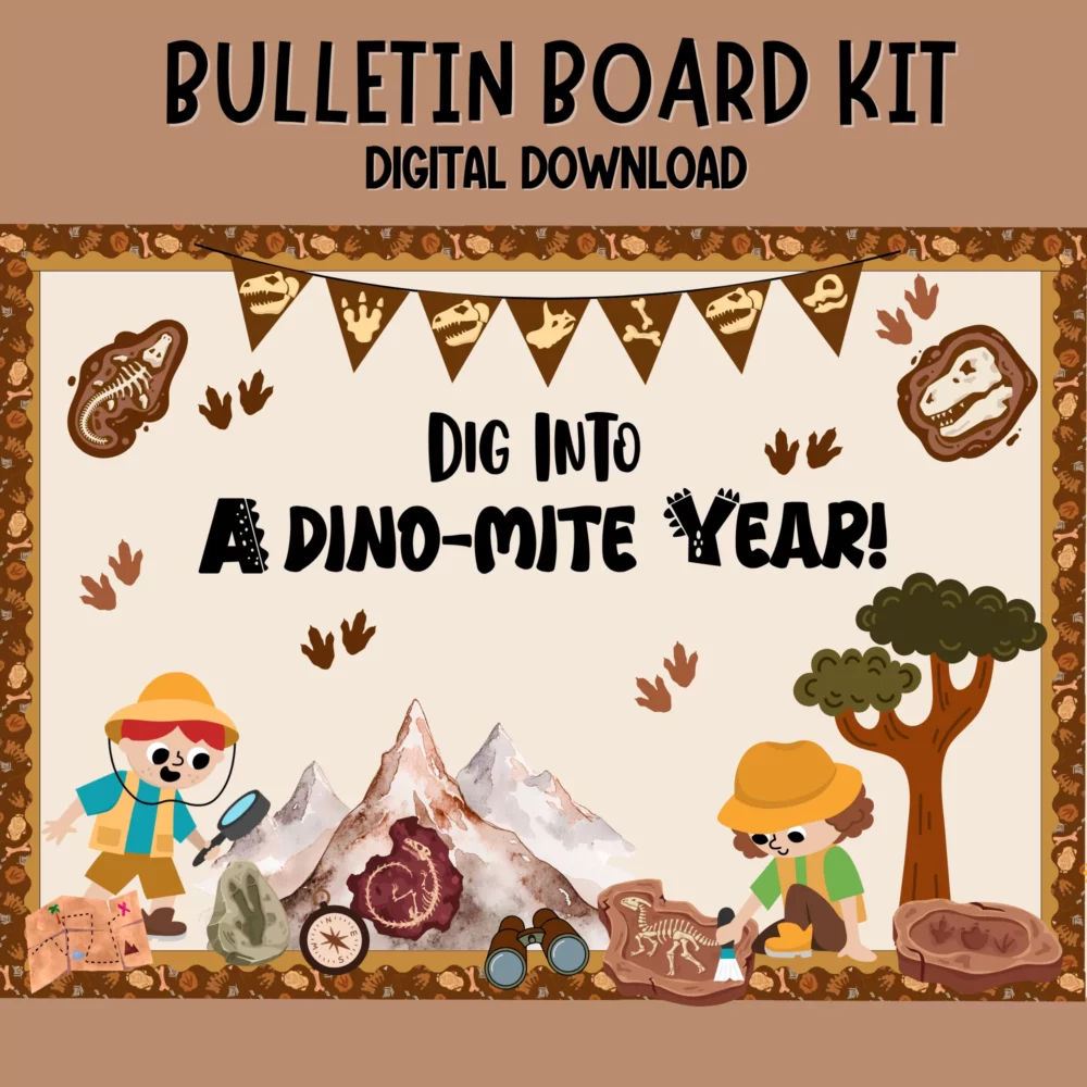 Editable dinosaur-themed bulletin board kit for back-to-school.