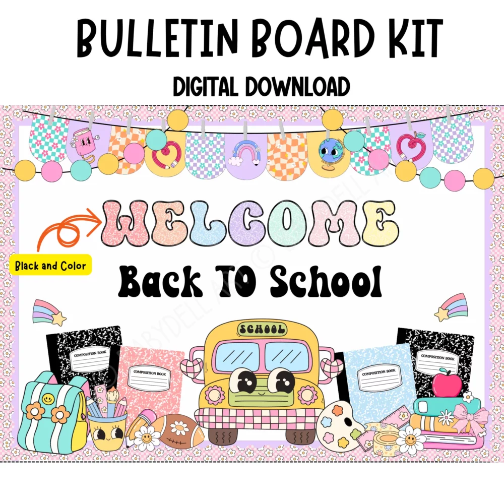 Editable Groovy Composition Notebook Bulletin Board | Retro Pastel Back to School Decor