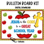 "Editable Christian bulletin board decor featuring the phrase 'Jesus is the Core' with vibrant school-themed graphics."