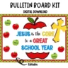 "Editable Christian bulletin board decor featuring the phrase 'Jesus is the Core' with vibrant school-themed graphics."
